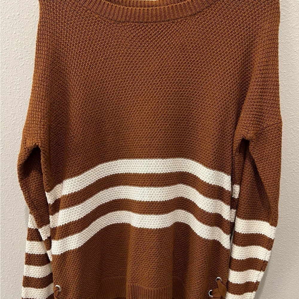 Pink Rose Women's Rustic Caramel and White Striped Sweater size large